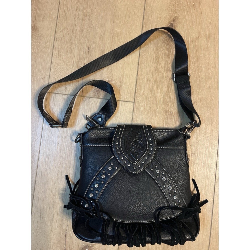 Trinity Ranch Black Leather Purse with Fringe and Rhinestones Western Cowgirl
